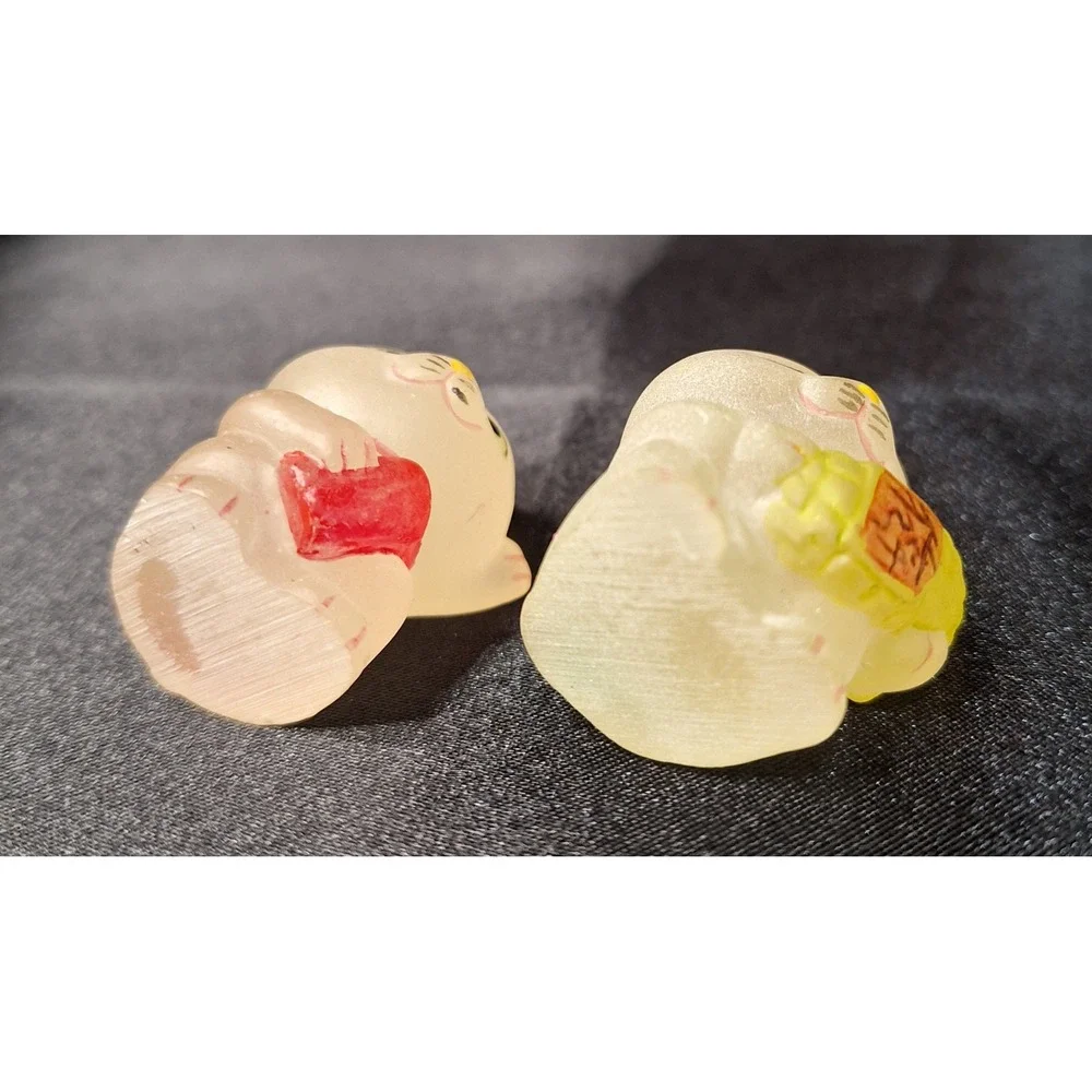 Miniature Frosted Glass Maneki Neko Lucky Cat Figurines Set of 2 Pink Yellow